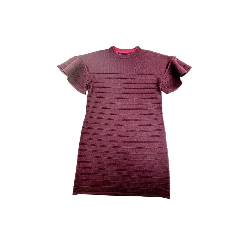 Victoria Beckham Knitted Dress XS Dark Purple Ruffle Sleeves Wool Blend